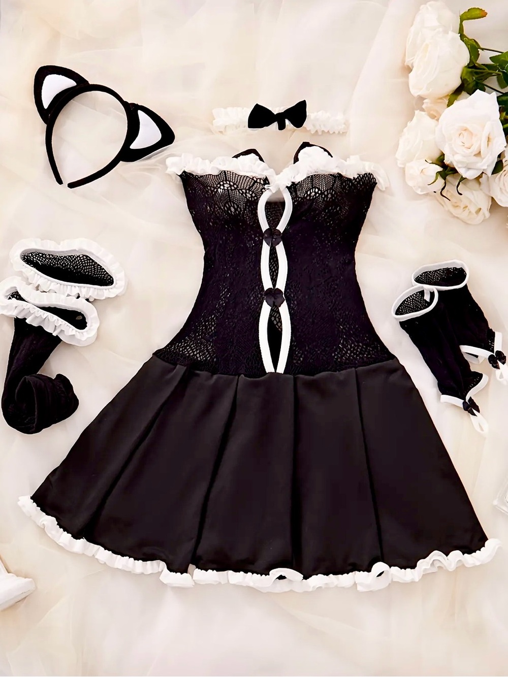 Black & White Lace Babydoll Dress with Cat Ear Headband